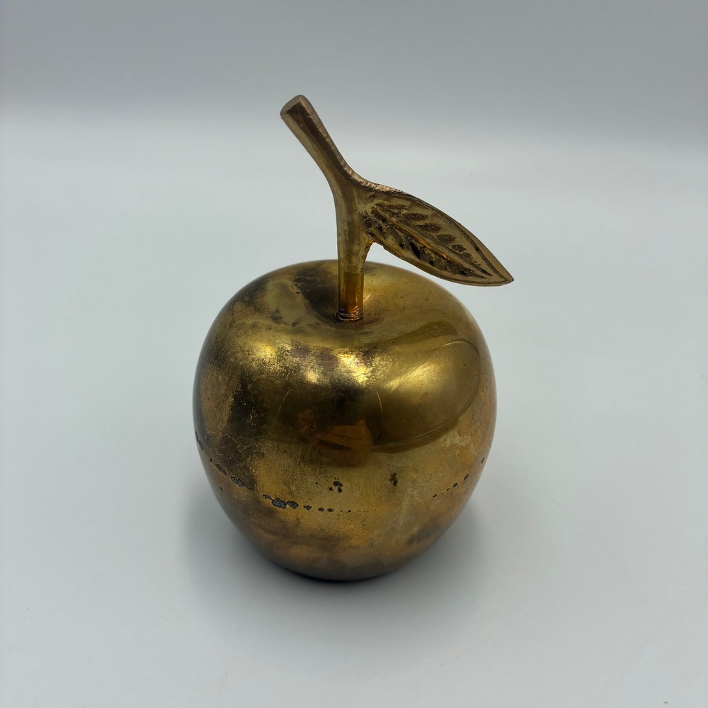 Vintage Brass Apple Bell Decorative Teacher Gift Desk Accessory Gold Tone Fruit